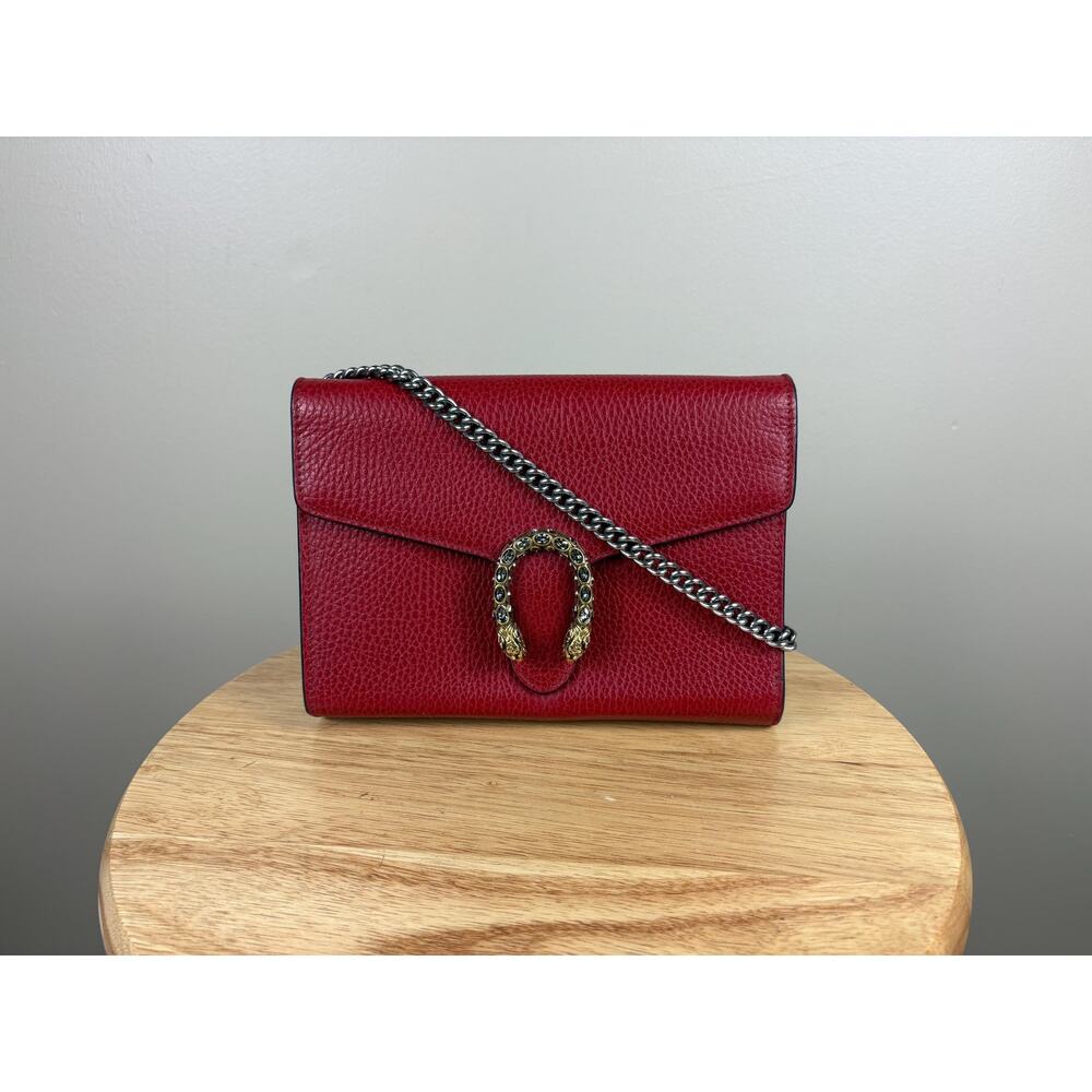 Authentic Gucci Calfskin Mini Dionysus Chain Wallet Red